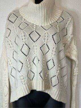 LOFT Ivory Cable Knit Turtleneck Sweater | Open Knit | Size Small
